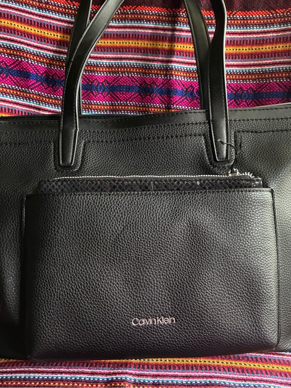 Calvin Klein Black Pebbled Leather Tote with Front Zip Pocket